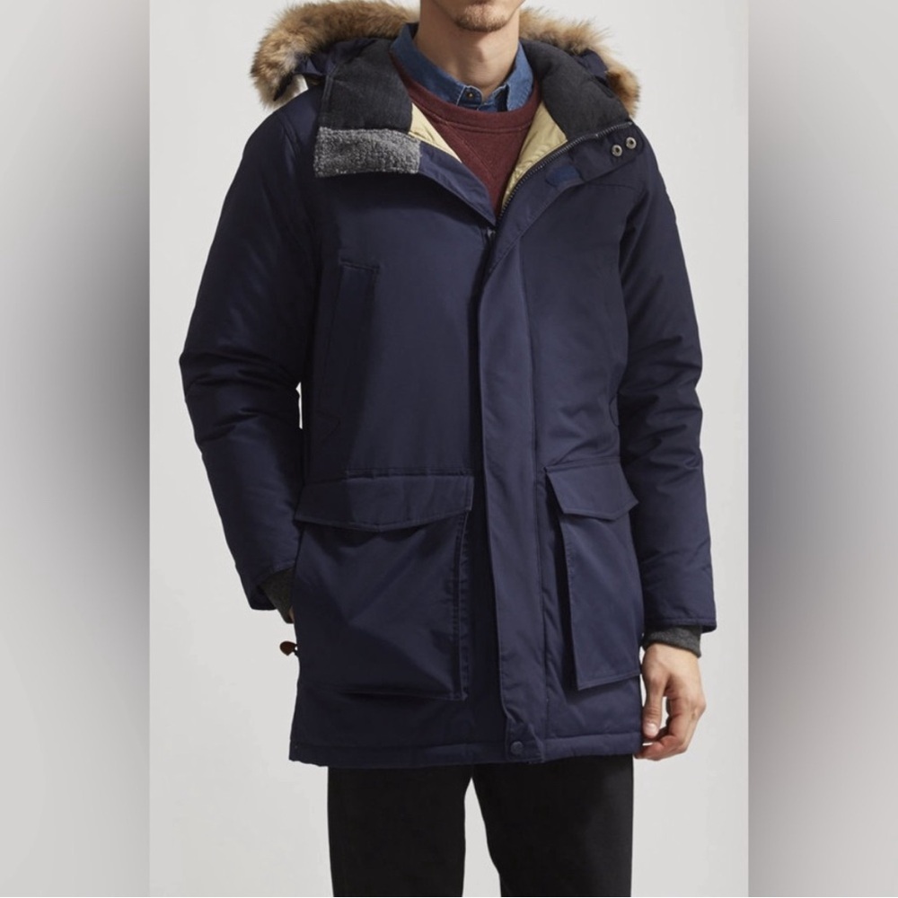 Woolrich Men's Dark Blue Puffer Coat with Fur Trim